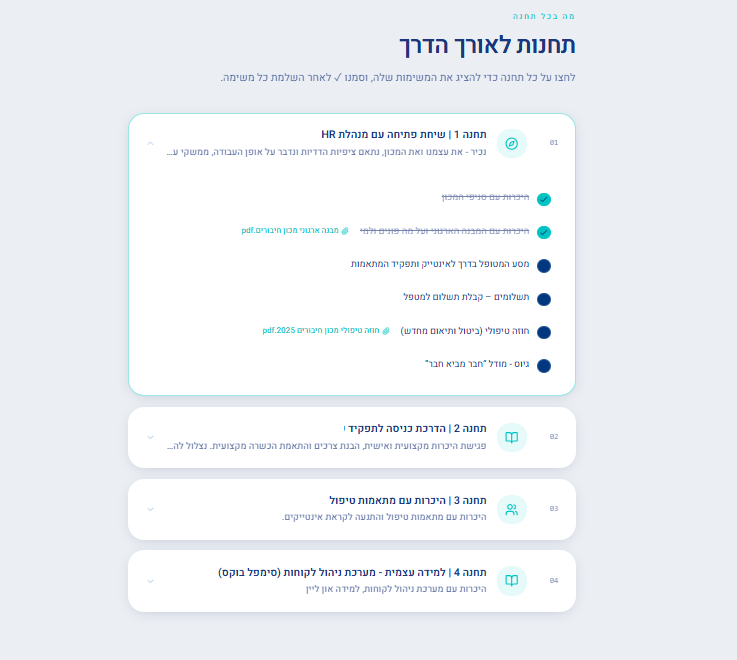 מחולל חוויות Onboarding דיגיטליות — תחנות לאורך הדרך — מסך המשימות